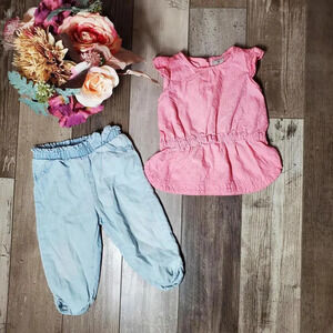Carter's Baby Girl Size 9m 2 Pc Outfit Blouse and Pants Pink Blue 100% Cotton